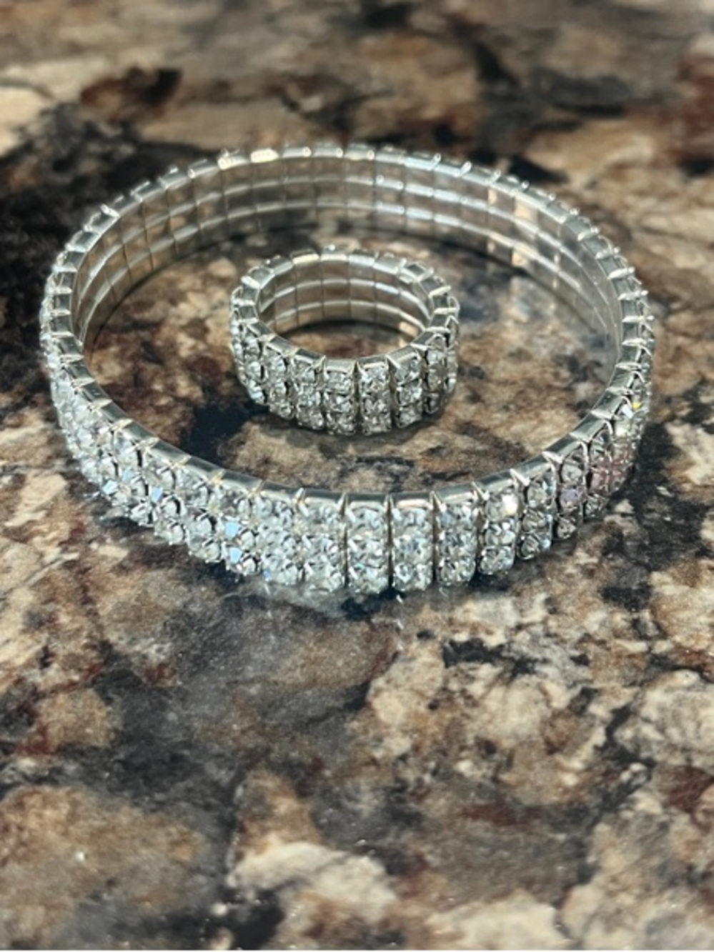 Crystal-Embellished Silver Elastic Bracelet and Ring Set